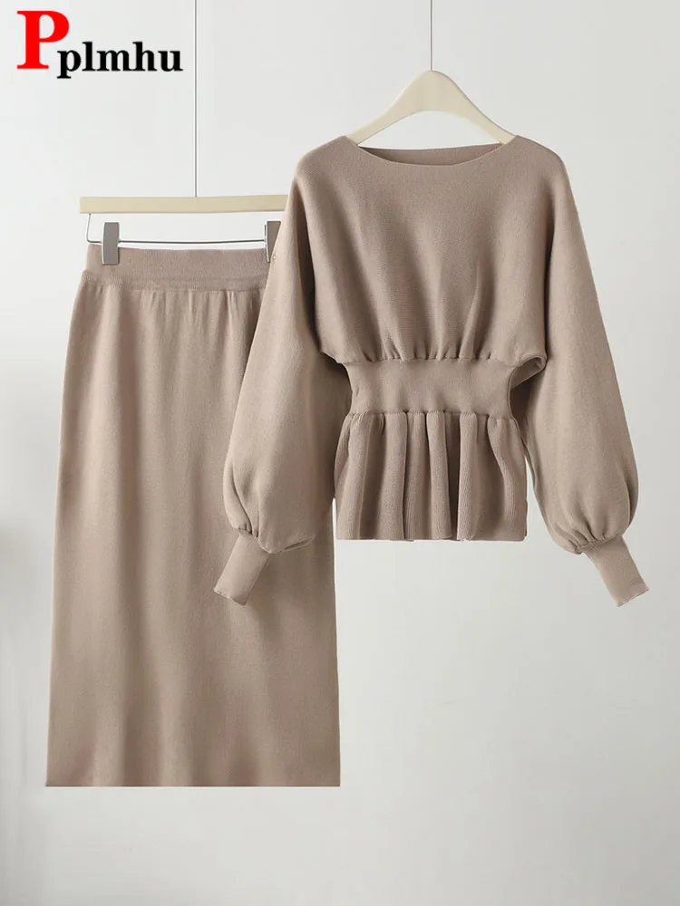 Women Elegant Knit 2 Pieces Sets Korean Knitwear Lantern Sleeve Pullover Tops Conjuntos Spring Fall Chic Casual Skirt Outfit New