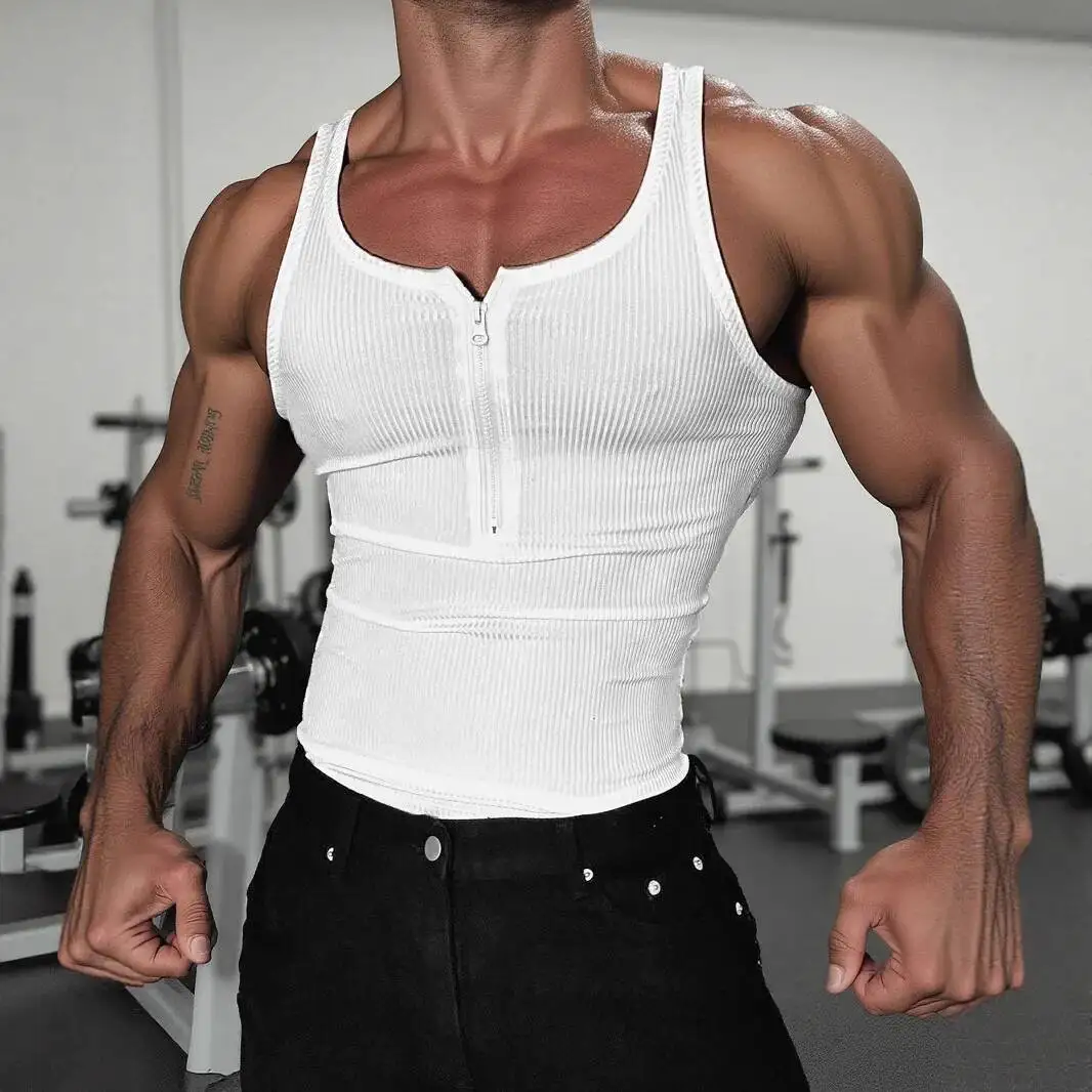 Summer zipper knitted sexy fitness tank top Black plus size sports t shirt vest