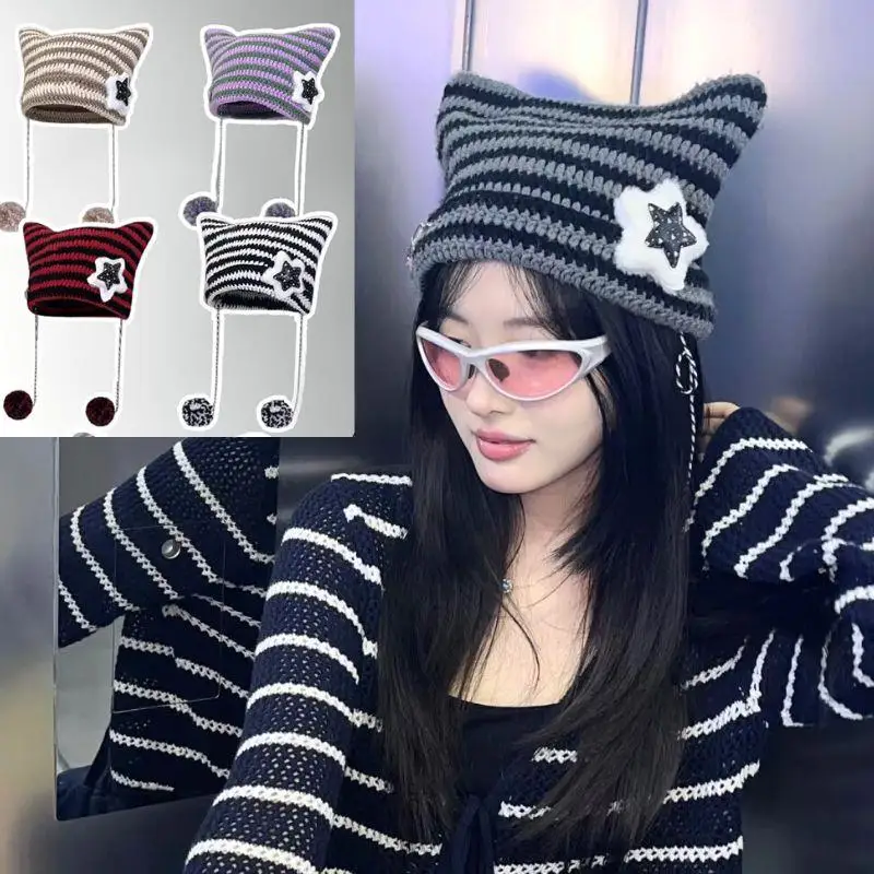 

HOT Y2K Devil Ear Striped Knitted Wool Cap Beanie Hat Cat Ears Hats For Women Gothic Y2K Wool Knitted Streetwear Crochet Cap