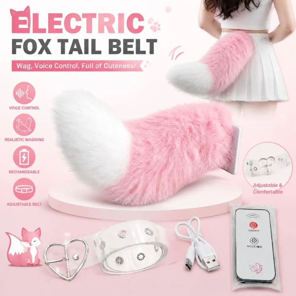 Voice Control Electric Fox Tail Belt Rechargeable Realistic Role-playing Belt Fluffy Remote Control Plush Electric Tail