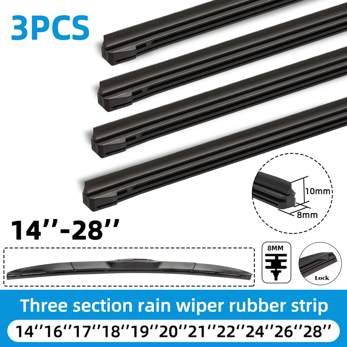 3PCS Three Section 14''-28'' High-Definition Stable And Durable Windshield Wiper Rubber Strip Replacement Part For Car Wipers