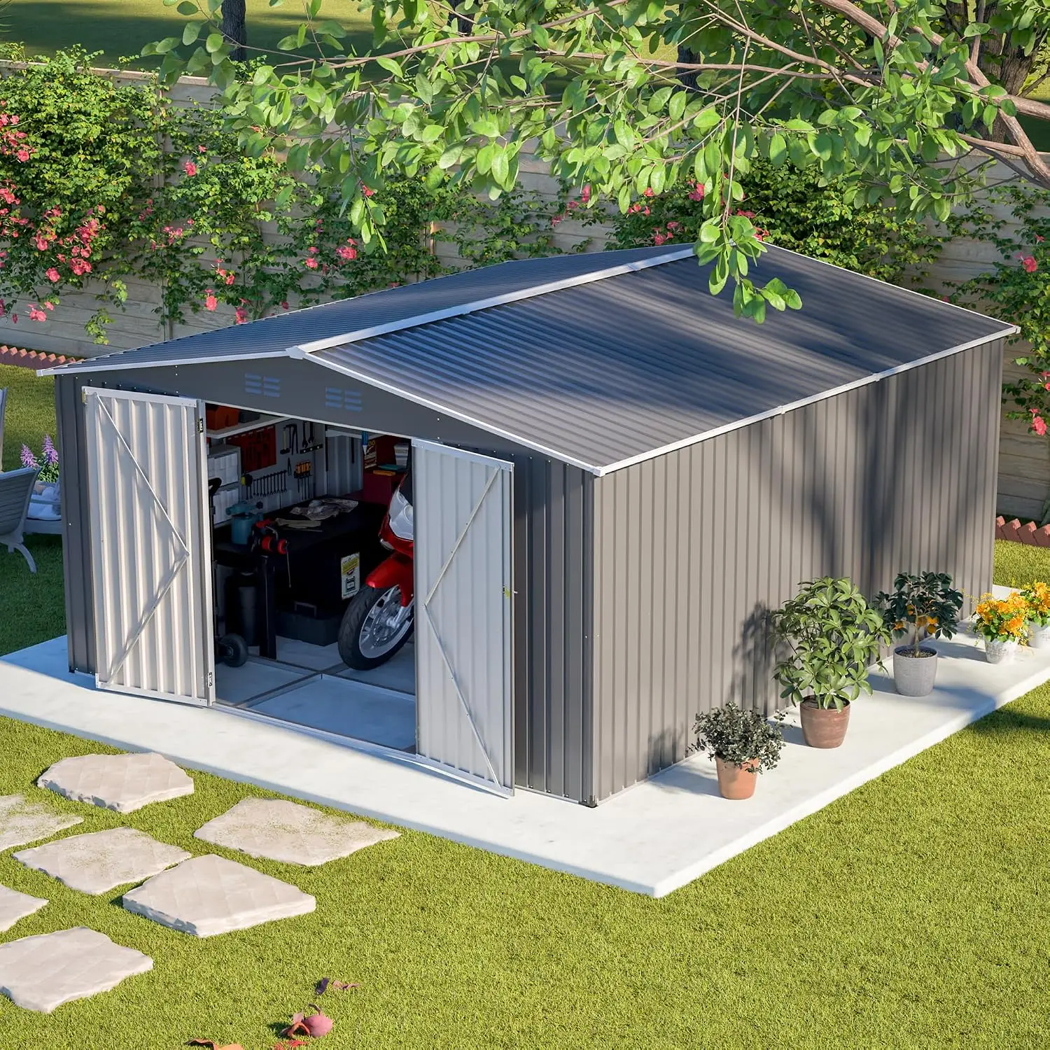 12x14 FT Outdoor Metal Storage Shed with Floor Frame, Extra-Large Steel Garden Tool Shed with Lockable Double, Customized