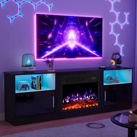 70" Fireplace TV Stand with 23" Electric Fireplace for TVs Up to 80 inch, Modern LED Light Entertainment Center with High Gloss