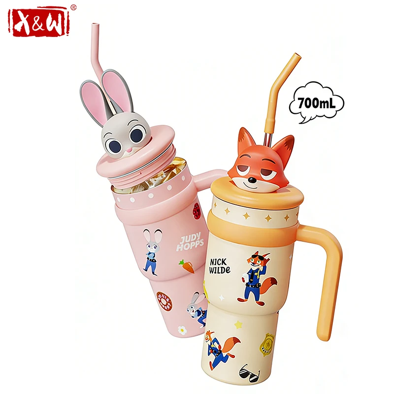 X&W For Disney Thermos Cup 700ML Stainless Steel Nick Judy Cartoon Coffee Cup with Straw Portable Keep Cold & Hot Car Water Cups