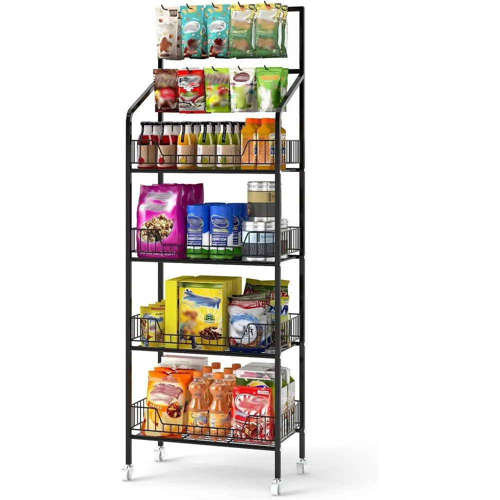 

4-х уровневая витрина для розничных закусок, полки для демонстрации торговцев конфет, черная металлическая полка для демонстрации закусок с колесами