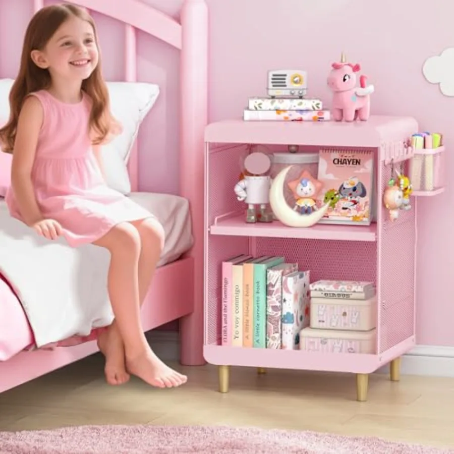 

Nightstand for Girls, Metal Bedside Table with 4 Hooks and Hanging Basket, 3-Tier Storage Shelf, Toddler Night Stand for Bedroo