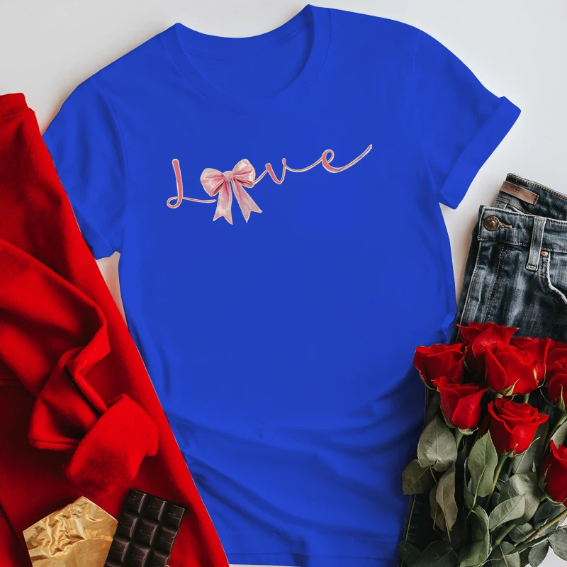 Sweet Love Coquette Print Women's Round Neck T-shirt Aesthetics Letter Bow Y2K Tops Tees Fashion Valentine's Day Female Tshirt