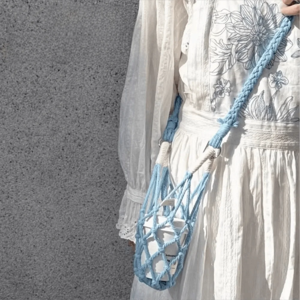 

Cotton Rope Crochet Cup Holder Breathable Heat Resistant Portable Coffee Cup Bag with Strap Foldable Woven Net Cup Cover