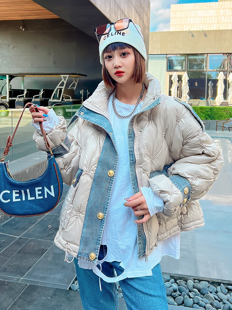

2022 New Autumn Winter Cotton-Padded Jacket Women's Short Denim Splicing Cotton Coats Winter Quilted Cotton Coat Female Korean