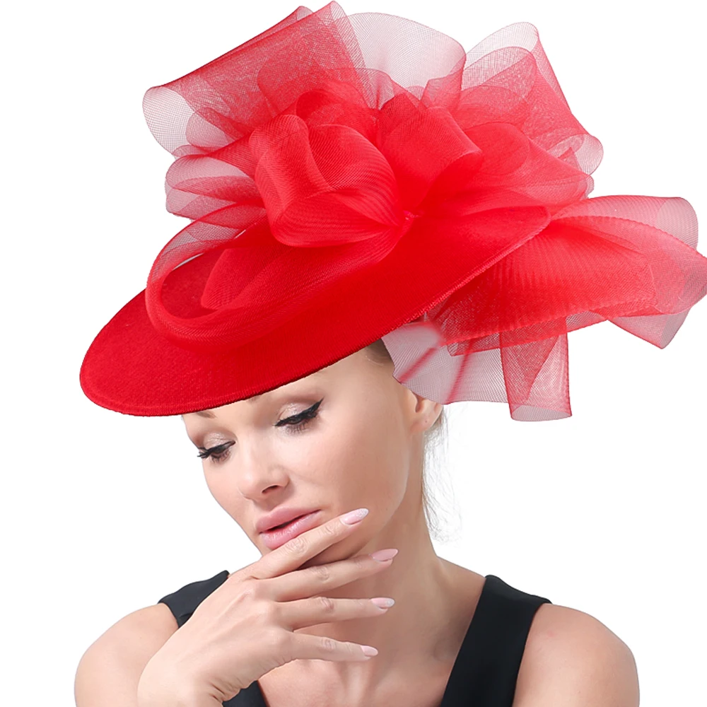 

Red Imitation Sinamay Wedding Headwear Women Fascinator Hat With Bow Hair Accessories Cocktail Race Headpiece Hairpin Mesh Hats