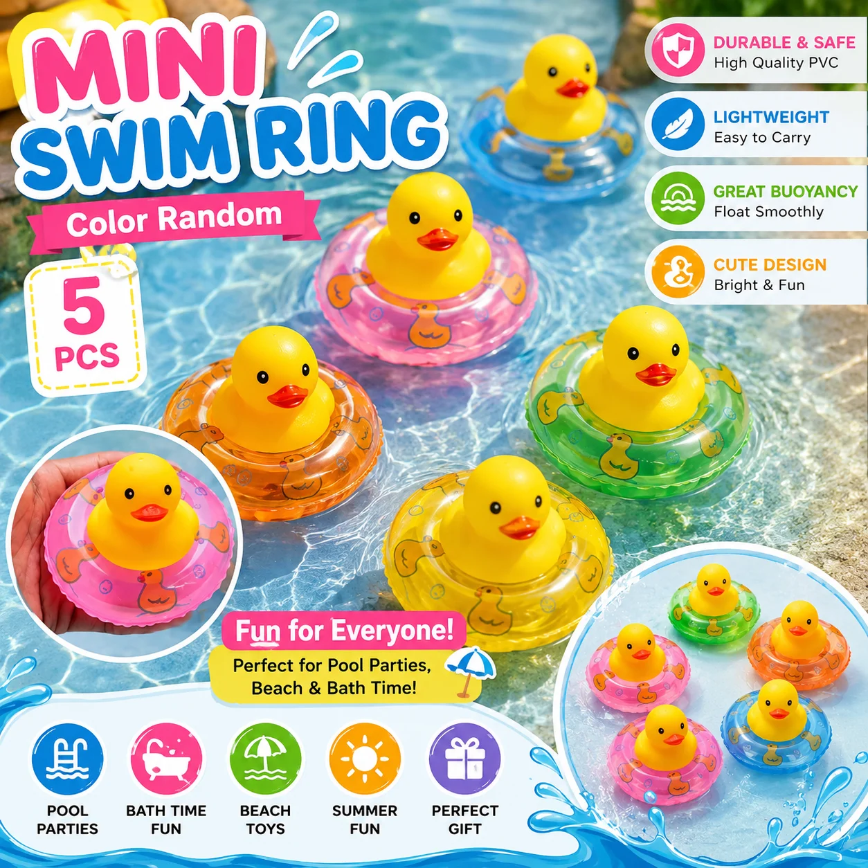 5PCS Mini Inflatable Swim Ring Random Color PVC Pool Float Toy for Rubber Duck Doll Bath Water Play Party Decor