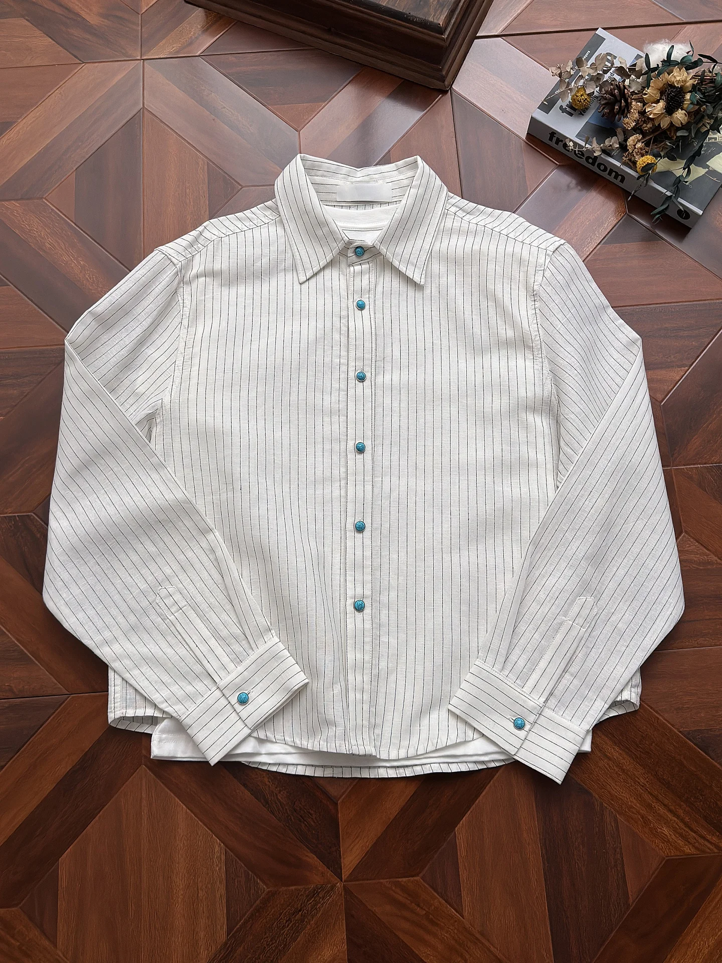 Loose Men's Long Sleeve Striped Shirt Vintage American Style Casual Comfortable Breathable Green Turquoise Patterned Shirt
