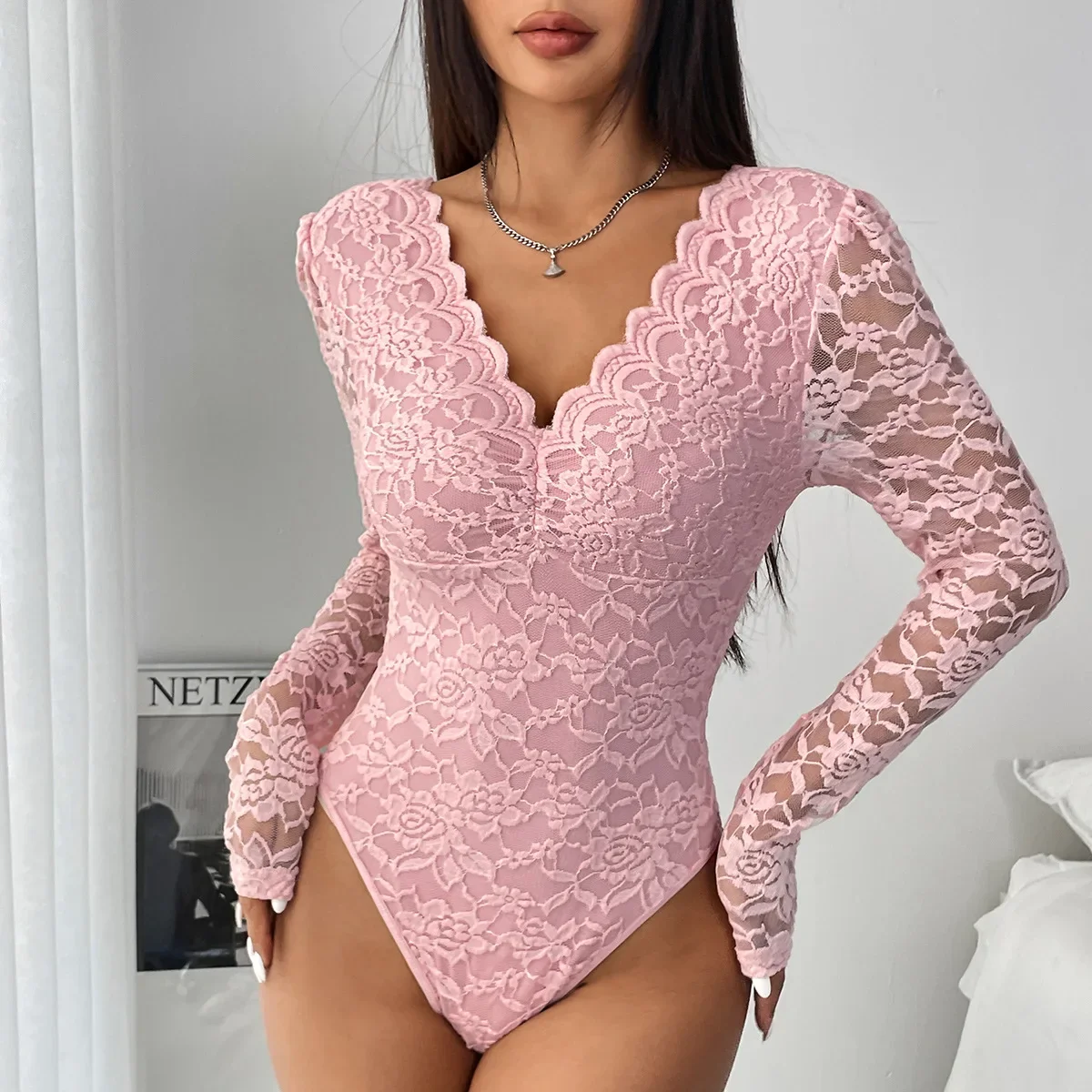 

Women Floral Lace Scallop Trim Teddy Bodysuit Long Sleeve V Neck Slimming Body Shaper Sexy Night Club Party Leotards Tops