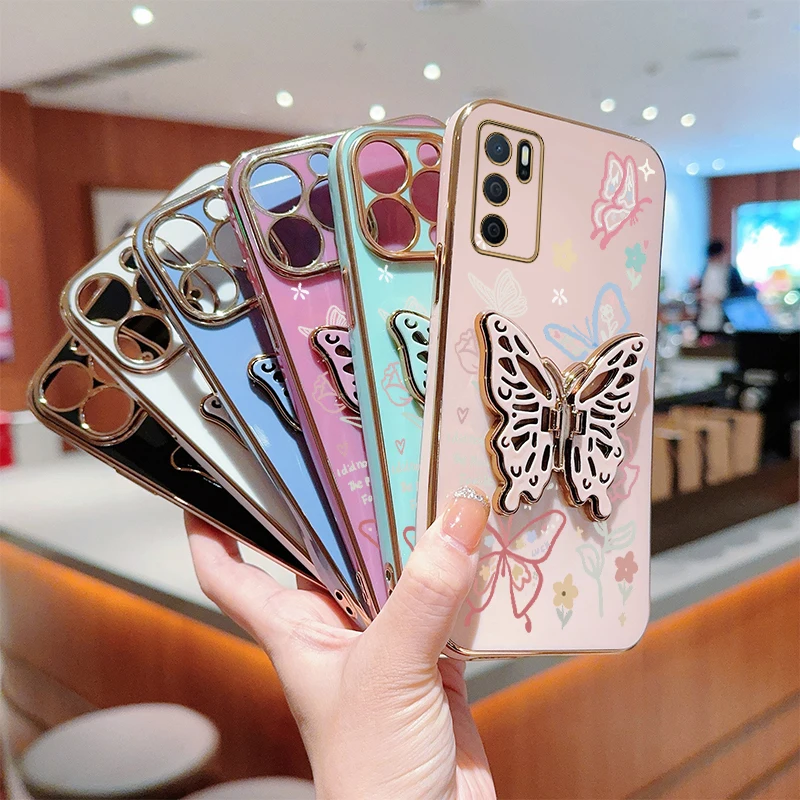 A 54S Rose Butterfly Plating Holder Phone Case For Oppo A54 A72 A76 A53 A33 A57 A58 A83 A78 A79 A60 A94 A3Pro A2M A55 Cover