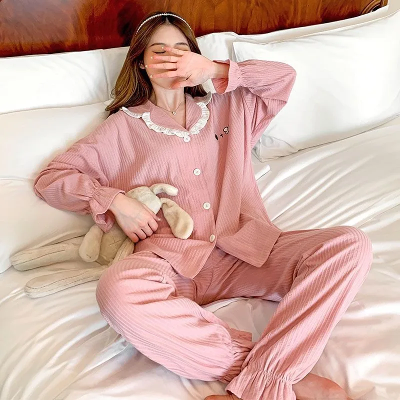 2024 New Pajama Women Spring Autumn Sleepwear Cotton Long Sleeves Loungewear Simple Lovely Winter Nightwear Loose Homewear Suit
