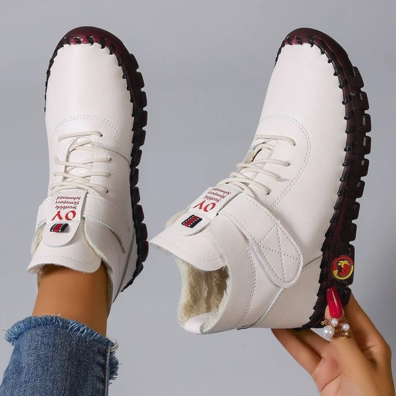 Women's Short Boots Winter Hook and Loop Fleece Lining Soft and Comfortable Flat-bottomed Padded Warm Handmade Cotton Shoes