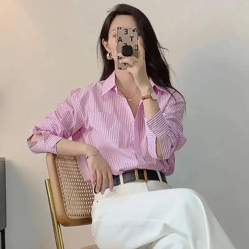 春秋の女性用ストライプシャツコート、レディースファッション長袖シャツトップス、フランス風女性用プレミアムフレッシュカジュアルカーディガンブラウス