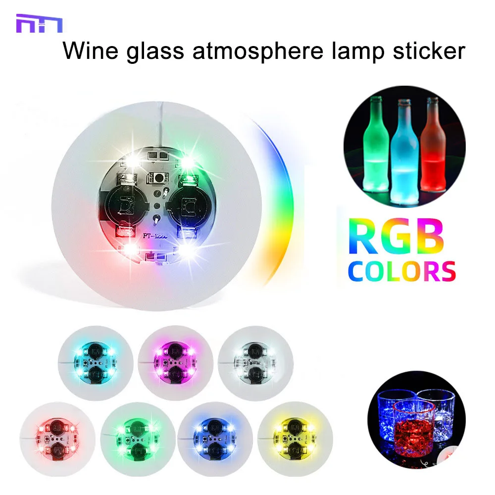 10Pcs LED Bar Glow Cup Mat KTV Wine Cup Atmosphere Light Gathering High Feet Cup Mat 3M Colorful Circular Glow Bottle Sticker