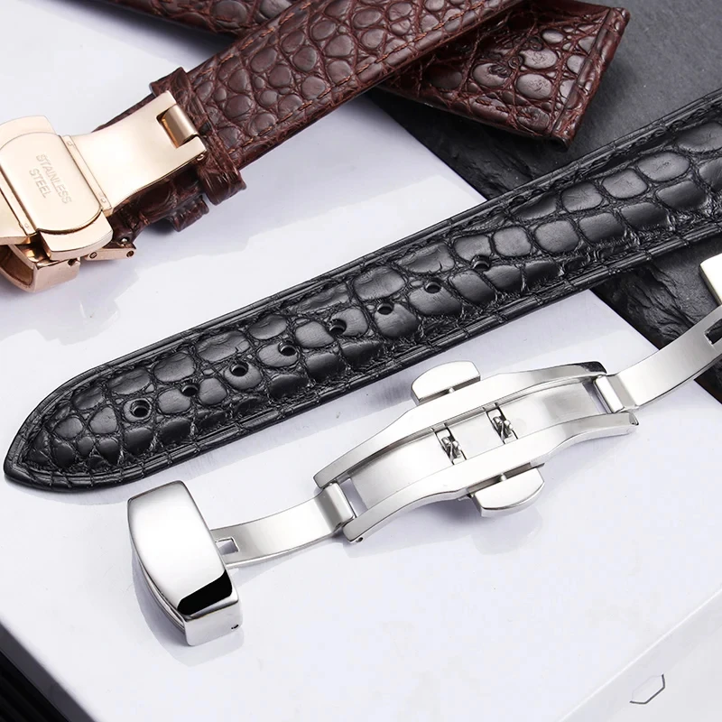High Quality Double-Sided Crocodile Leather Strap Pin Buckle Butterfly Clasp 18mm 19mm 20mm 21mm 22mm Soft Bracelet Watch Band