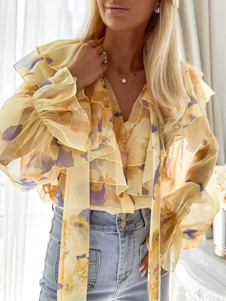 

Элегантная женская блузка из шифона с длинным рукавом, однотонная, с V-образным вырезом, с принтом, свободного кроя, с оборками, для повседневной носки