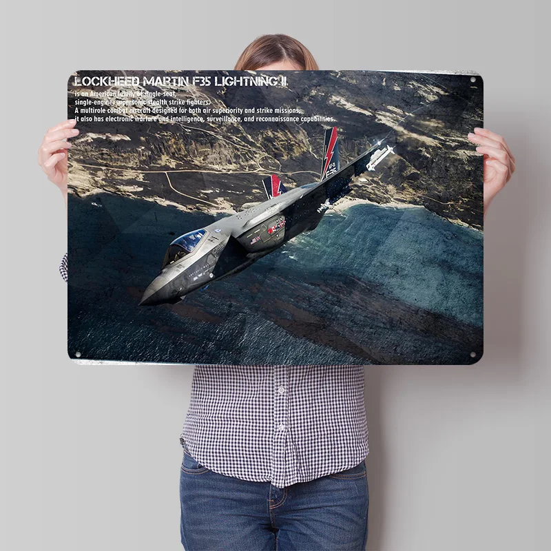 F-35 Lightning II Fighter Jet Poster Retro 3D Printed Metal Signs Customized Wall Hanging Gift for Home Decorations Office Decor