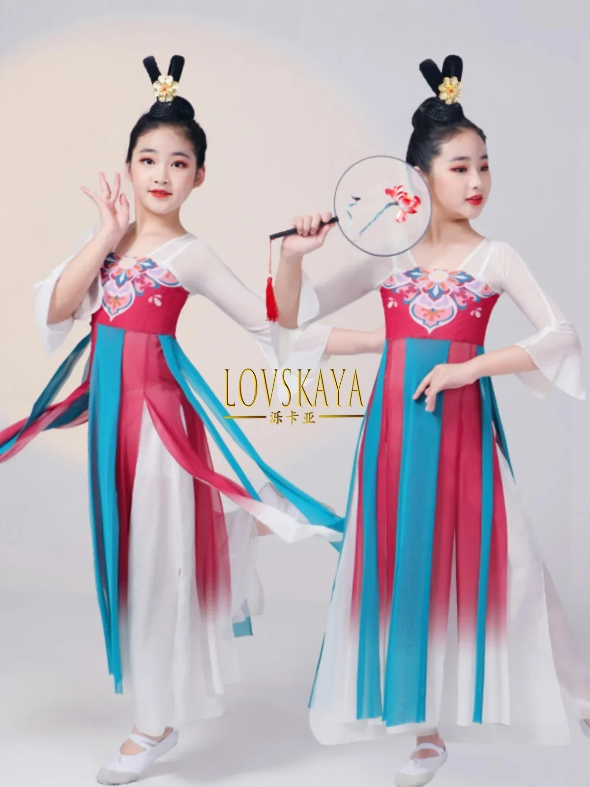 New Fan Dance Performance Peach Blossom Makeup Dance Clothing Girls Ancient Style Yarn Clothing Children Classical Dance