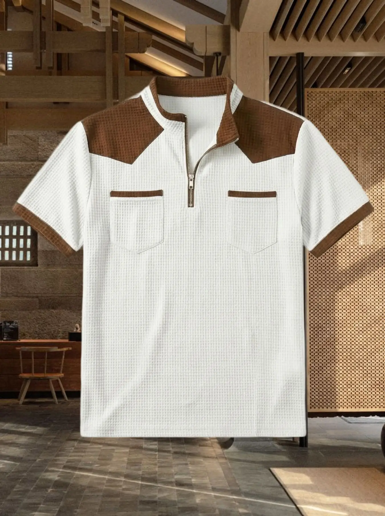 

Summer Casual Men's Plaid Color blocked POLO shirt Fashion Stand up collar Zipper Double pocket Men's sports Top Men's T-shirt