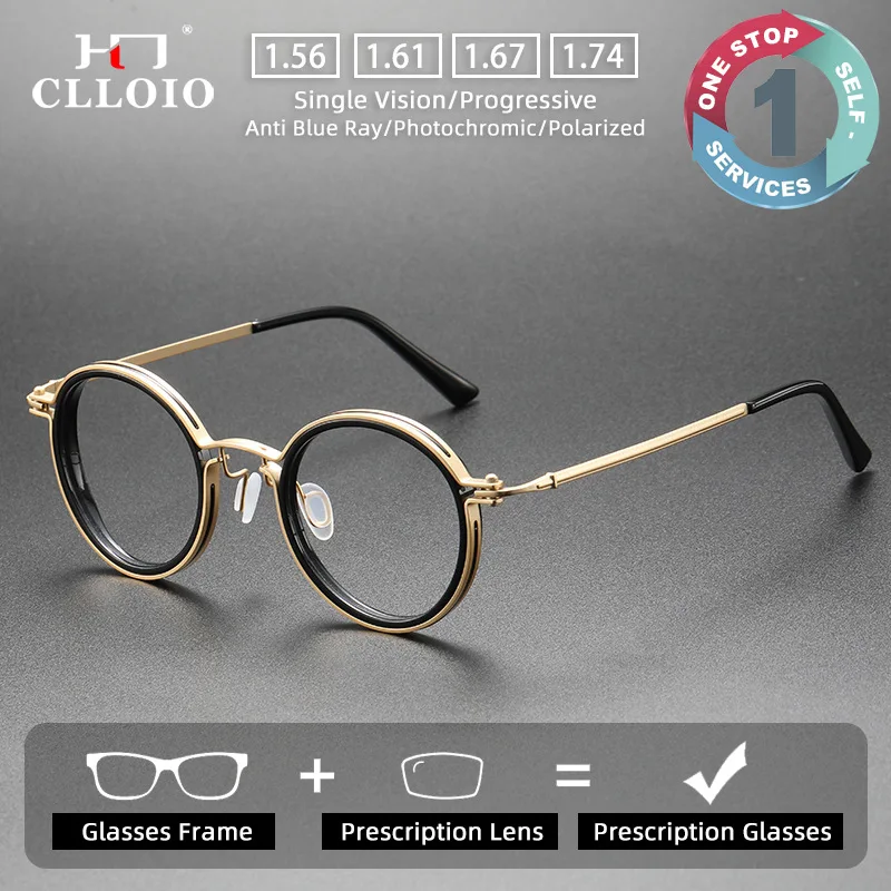

CLLOIO Ultralight Vintage Prescription Glasses Anti Blue Light Round Acetate Frame Titanium Temple Progressive Myopia Eyewear