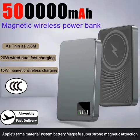 500000mAh Magnetic PowerBank Wireless Fast Charger For Magsafe Portable Auxiliary Battery For Iphone 17 16 15 14 Xiaomi 2025