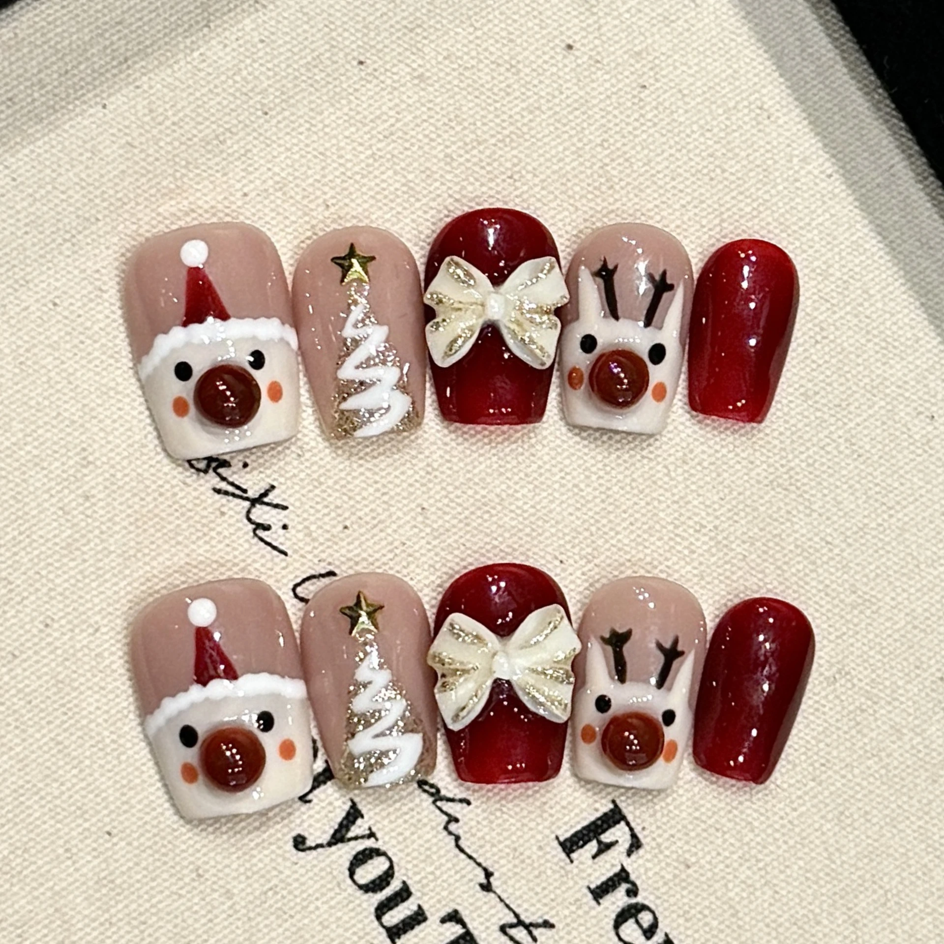 10Pcs Handmade Press on Nails French Cute Jump Color Bow Design Cartoon Elk Deer Short Square Wearable False Nail Christmas Time