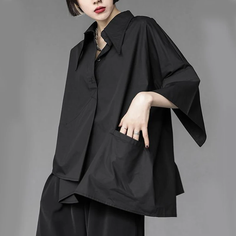 Y2K Women Chiffon Black Shirt Gothic Fashion Streetwear Loose Tops Dark Academic Irregular Casual Three Quarter Female Blouse