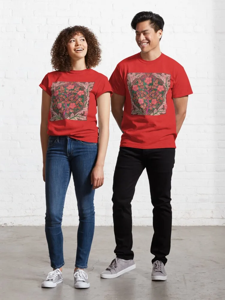 RED ROSE WREATH WITH LEAVES Art Nouveau Pink Green Floral Classic T-Shirt Short Sleeve Tops Tees Cotton Print Tshirts