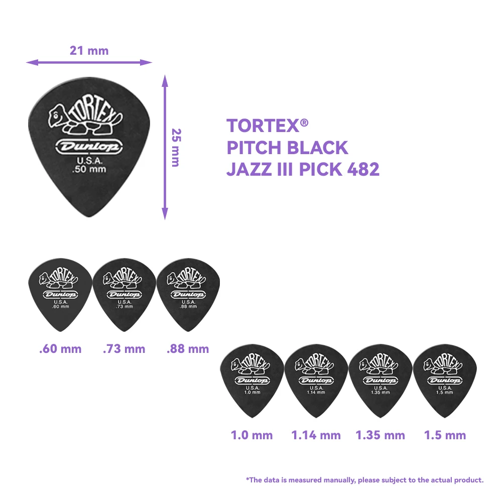Dunlop Guitar Picks Tortex Pitch Black Jazz III 0.5-1.5mm Speed Plectrum Mediator 482 Electric Acoustic Accessories