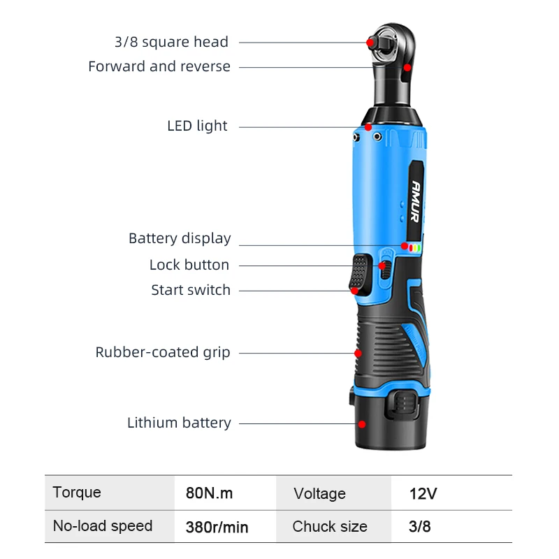 3/8 Inch Cordless Electric Wrench 80Nm Right Angle Ratchet Wrenches 12V Rechargeable Car Repair Tool Set Angle Wrench