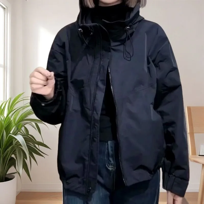 

Double Zipper Hooded Windbreaker Spring and Autumn New Versatile Slim Loose Casual Jacket for Women