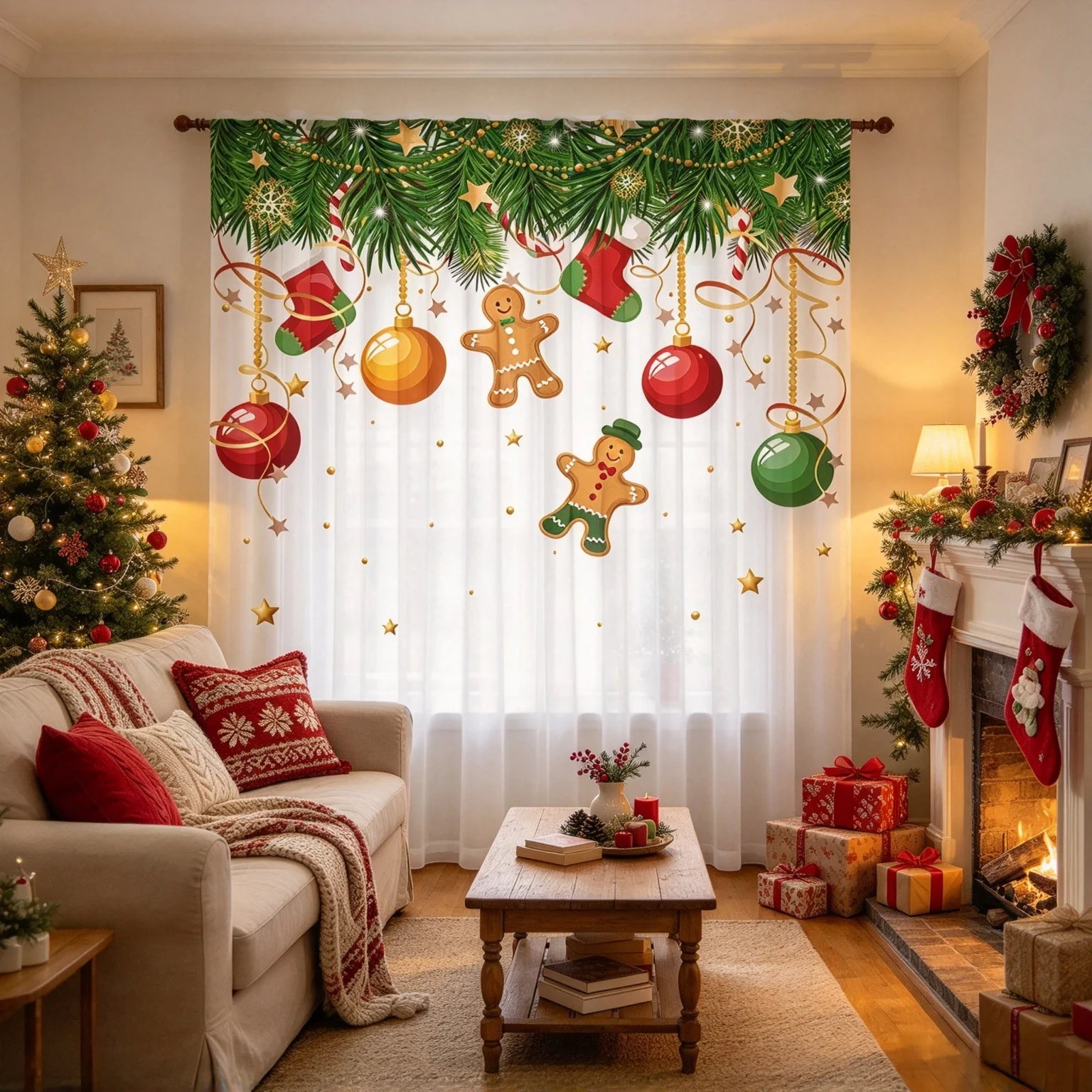 Festive Christmas Sheer Curtain Xmas Style Print Window Drapes Holiday Home Decor to Boost Room Ambiance