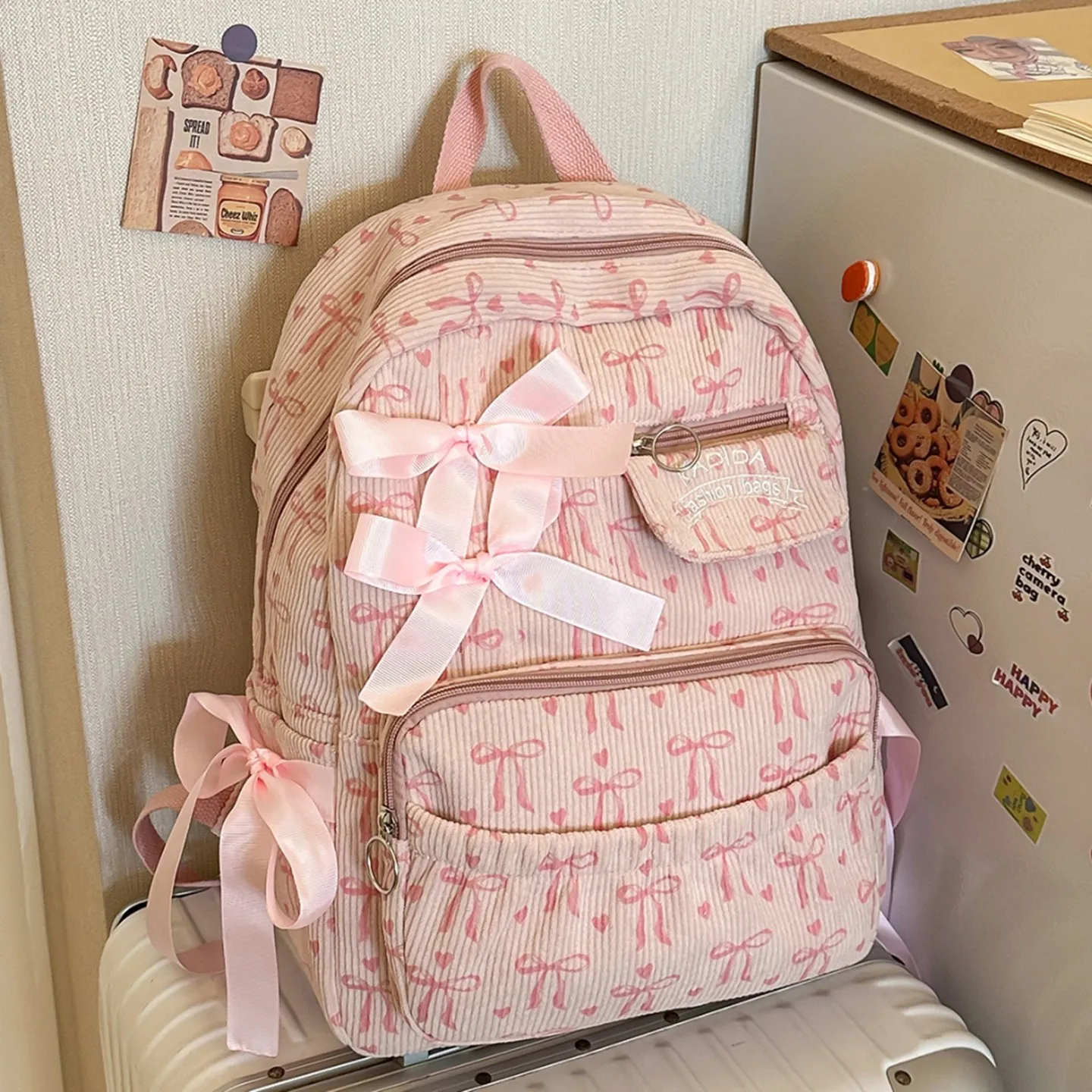 Pink  Knot Large Capacity Lightweight Backpack for Girls Students Daily Use School Bag Soft Handle Zipper Closure