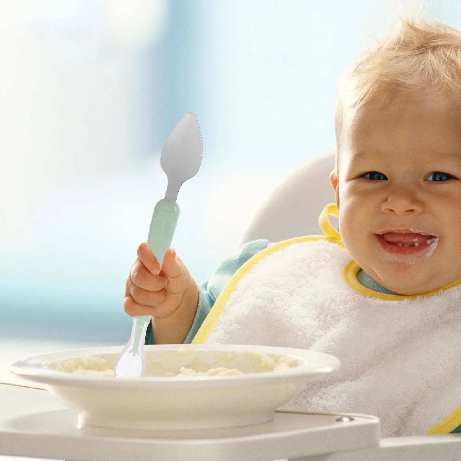 

Baby Food Kids Cutlery Set Green Silica Gel Scraping Puree Spoon Durable Citrus Fruit Mud Spoon For Infant Feeding