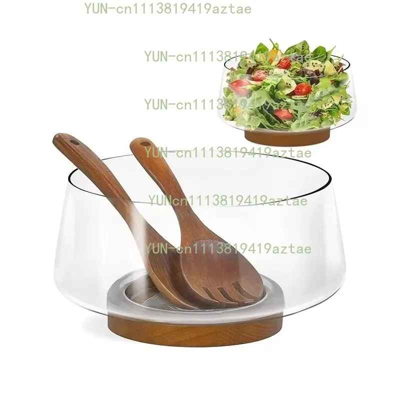 Transparent Fruit Plate with Wooden Base Serving Tray with Wooden Fork Spoon for Party Dinner