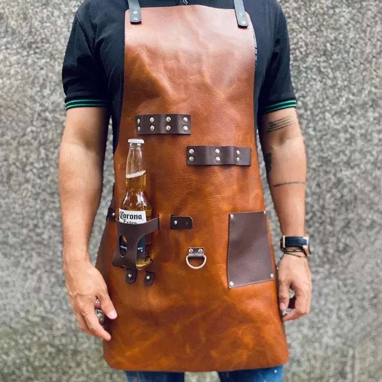 Outdoor PU Leather Apron Outdoor BBQ Beer Bottle Cover Multi Functional Men's Work Leather Apron work clothes A
