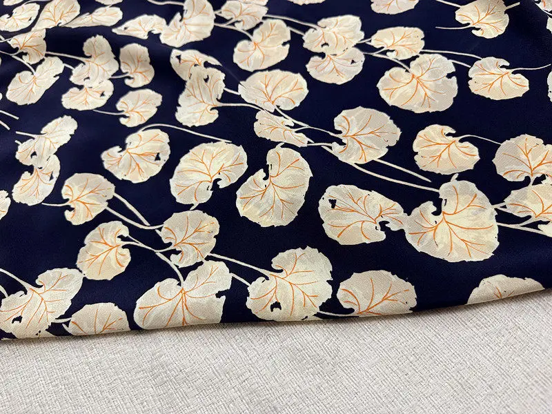 

1 meter 100% Mulberry Silk 16 momme Crepe Silk Fabric Navy Leaf Printed 138cm 54" wide by the yard XL444