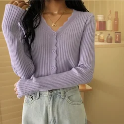 ITOOLIN Women Ruffles Long Sleeve Thin Sweater V-Neck Single-breasted Knitwear Office Sweet Tops For Women 2024 Autumn