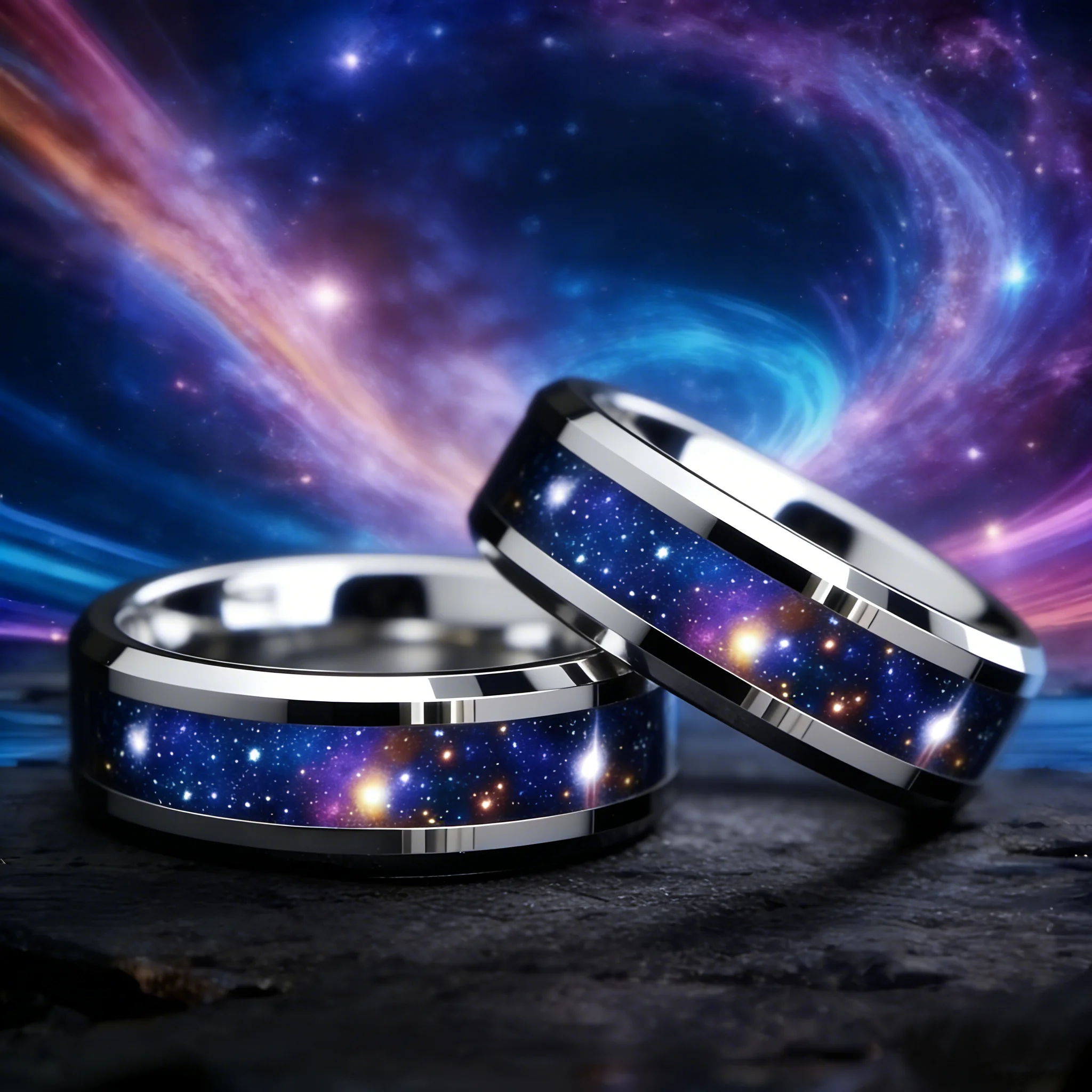 Anel de Aço Inoxidável Masculino Prateado 8mm com Design de Céu Estrelado Galáxia Nebulosa de Ópala de Órion – Joia de Casamento Masculina da Moda