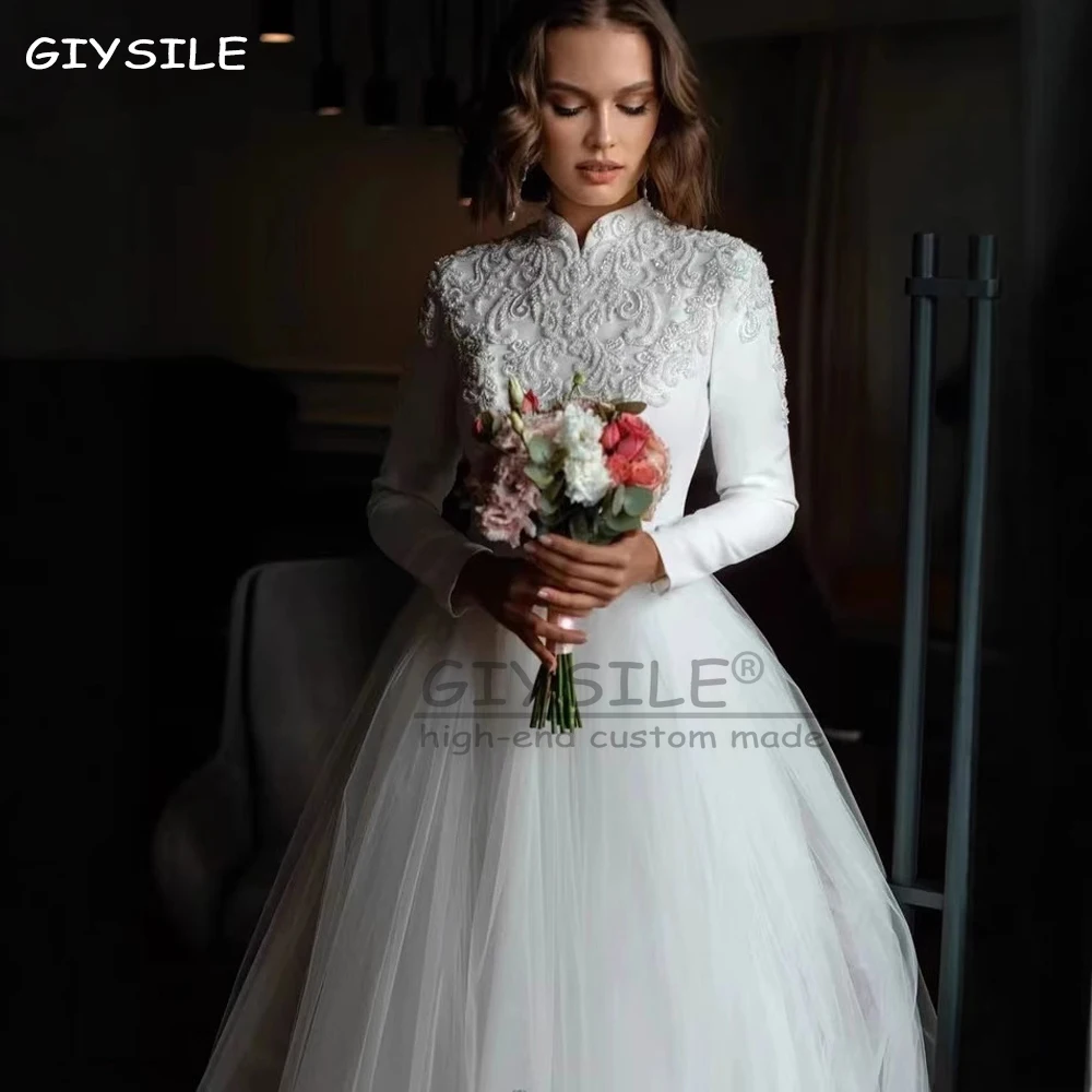 

GIYSILE Customized High Neck Long Sleeve Wedding Dresses Lace Appliques Zipper Floor Length Bridal Gowns vestidos de novia boda