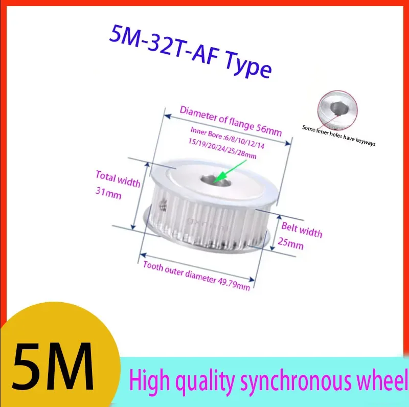 5M 32 Teeth  AF Type Aluminum Alloy Timing  Pulley 5mm Pitch  bore 6/8/10/12/14/15/19/20/24/25/28mm Width 25mm