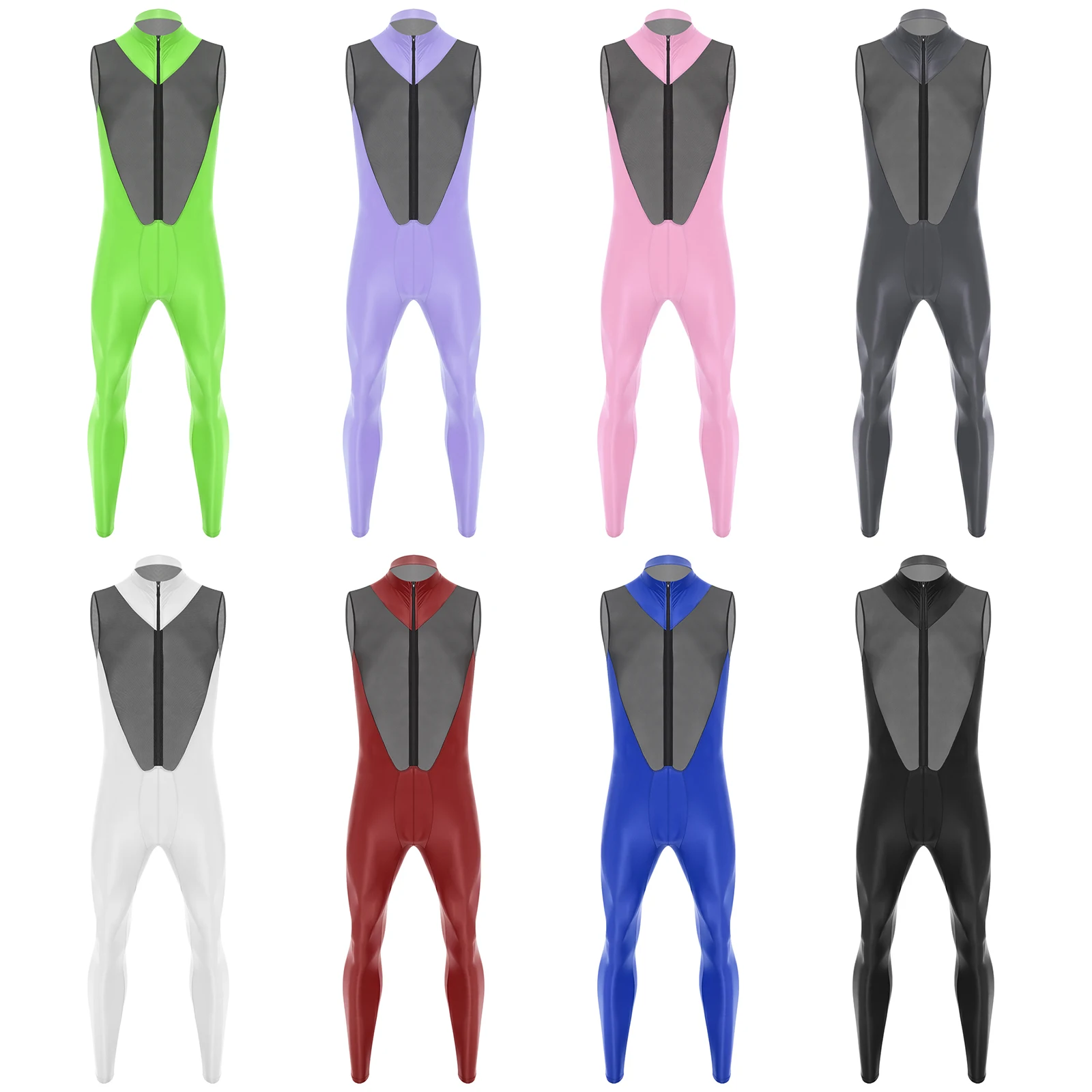 

Men Wet Look Sheer Mesh Patchwork Jumpsuit Nightclub Rave Dance Party Lingerie Sleeveless Zipper Crotch Leggings Swimwear
