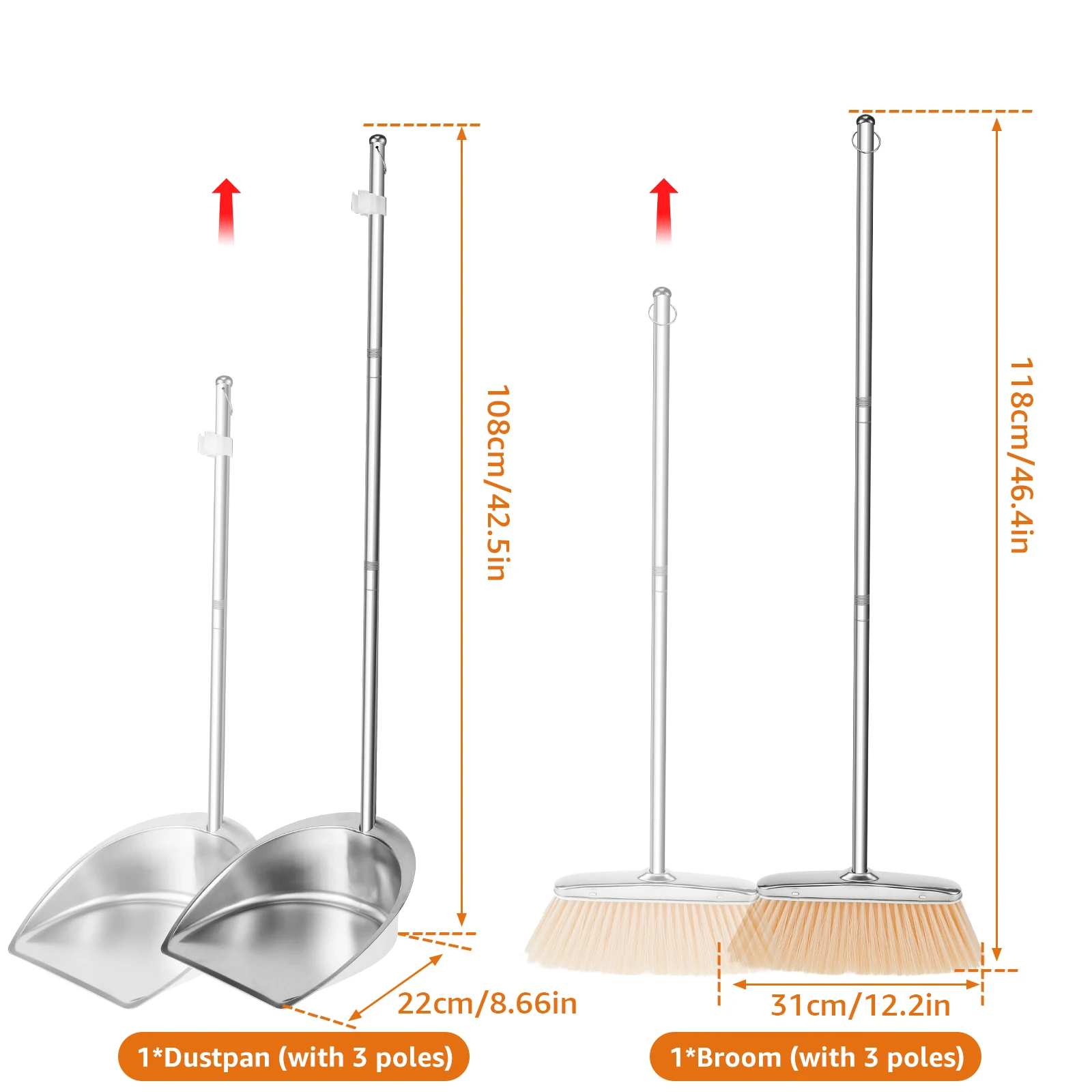 Stainless Steel Broom Dustpan Set Upright Broom Dustpans with Long Handle Heavy Duty Dustpan Broom Combo Set Portable  Sweeper