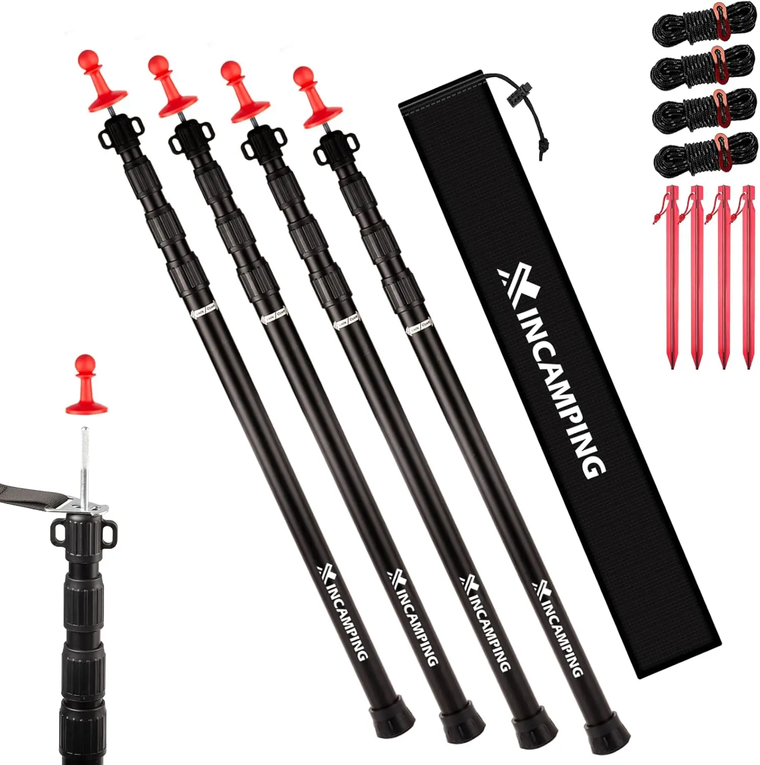 

Регулируемые сверхпрочные алюминиевые стойки для тентов 7,6 футов (2,3 м) с защитными колпачками - 4 штуки, нержавеющие, для кемпинга и активного отдыха