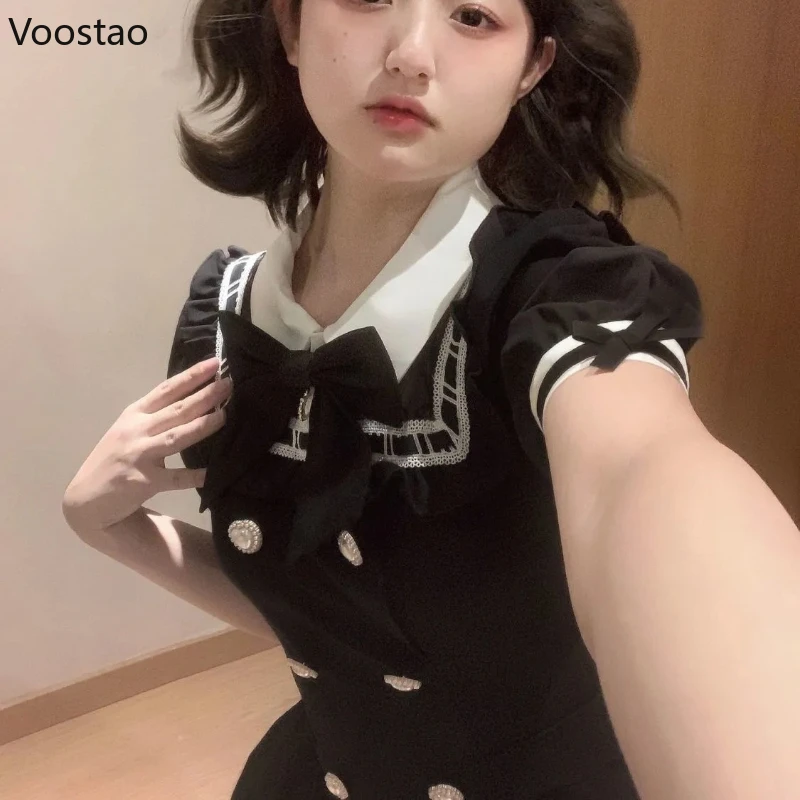 Japanese Gothic Lolita Style Two Piece Set Women Y2k Bow Puff Sleeve Slim Tops Black Shorts Suit Female Korean Elegant Outfits