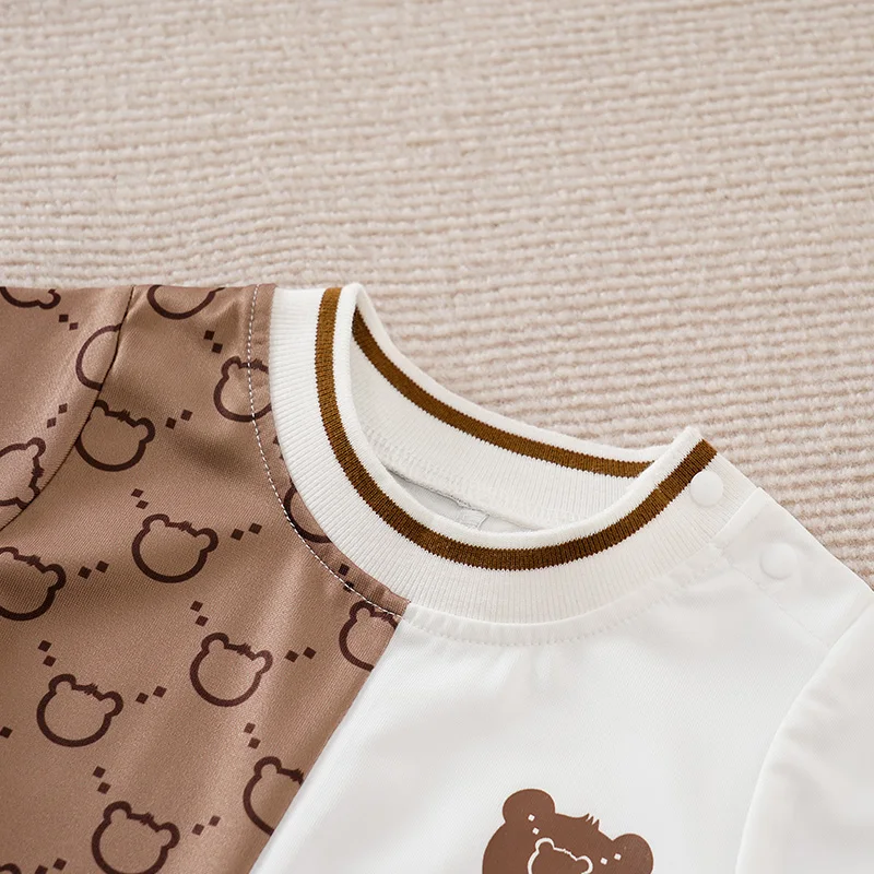 Newborn Clothes Cute Cartoon Patchwork Teddy Bear Comfortable And Soft Summer Boys And Girls 0-18 Short Sleeved Baby Jumpsuit